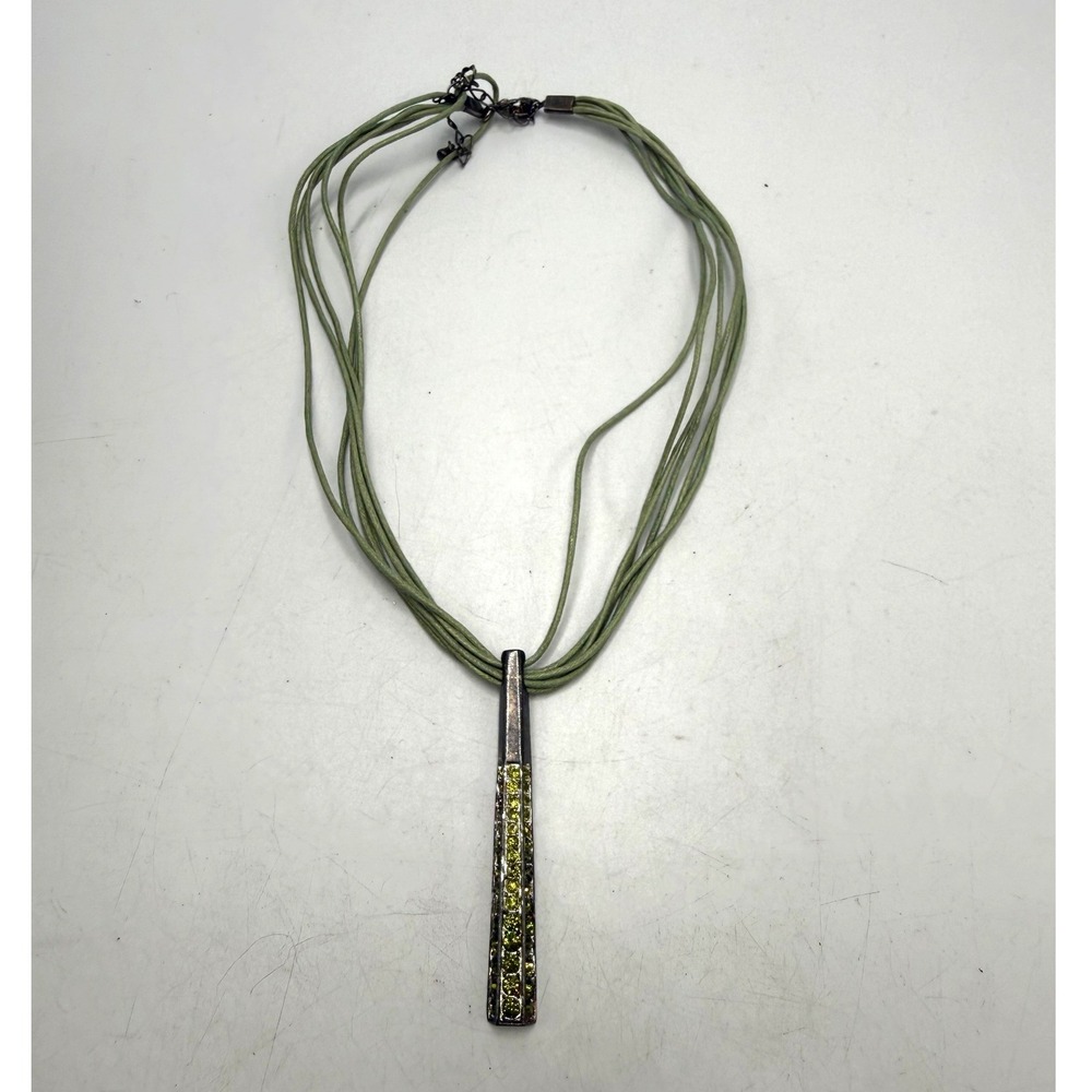Sage Green Multi Strand Cord Necklace Gunmetal Bar Pendant Green Rhinestones